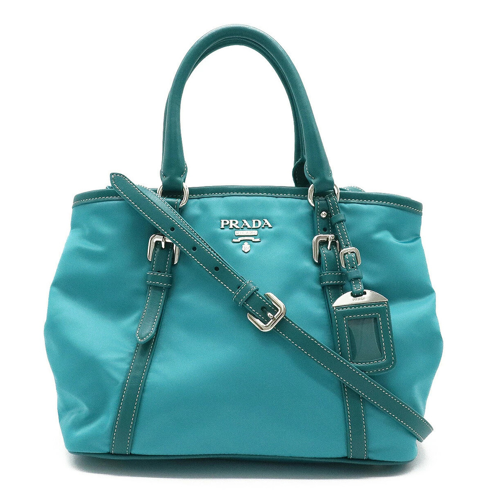 Prada Handbag Tote Bag Shoulder Leather Emerald Blue